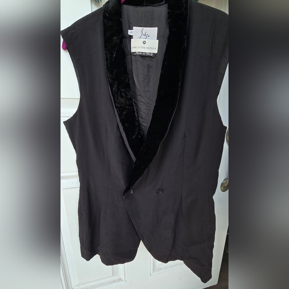 Sahza By Saks Fifth Avenue Black Tuxedo Vest Velvet Lapel Black 14 Made In Italy - Picture 3 of 12